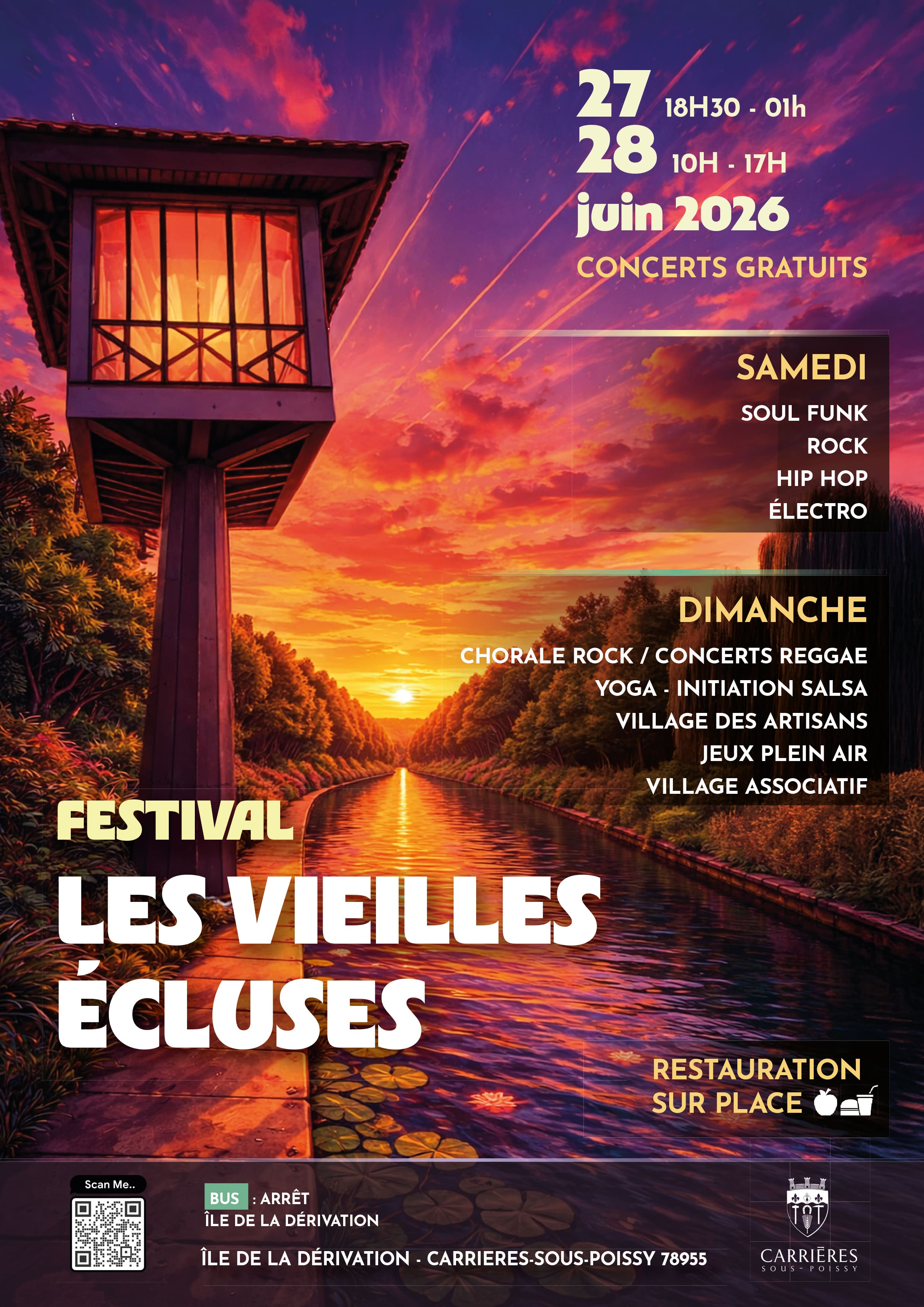 Affiche officielle Festival Les Vieilles Écluses 2026 – 27 & 28 juin, Île de la Dérivation, Carrières-sous-Poissy. Entrée gratuite.